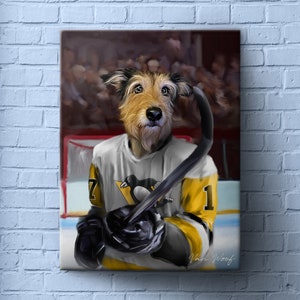 Portrait d'animal de compagnie de hockey de Pittsburgh à partir d'une photo, cadeau de peinture de chien personnalisé