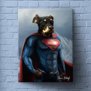 Superhero, Custom Dog Portrait, Clark Kent, Pet Portrait DC, Funny Pet Lover Gift, Animal Art