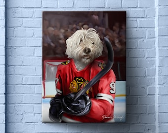 Chicago Hockey Pet Portrait, Hockey Fan Gift Art, Sports Pet, NHL Team, Custom Portrait, Funny Pet Lover Gift,