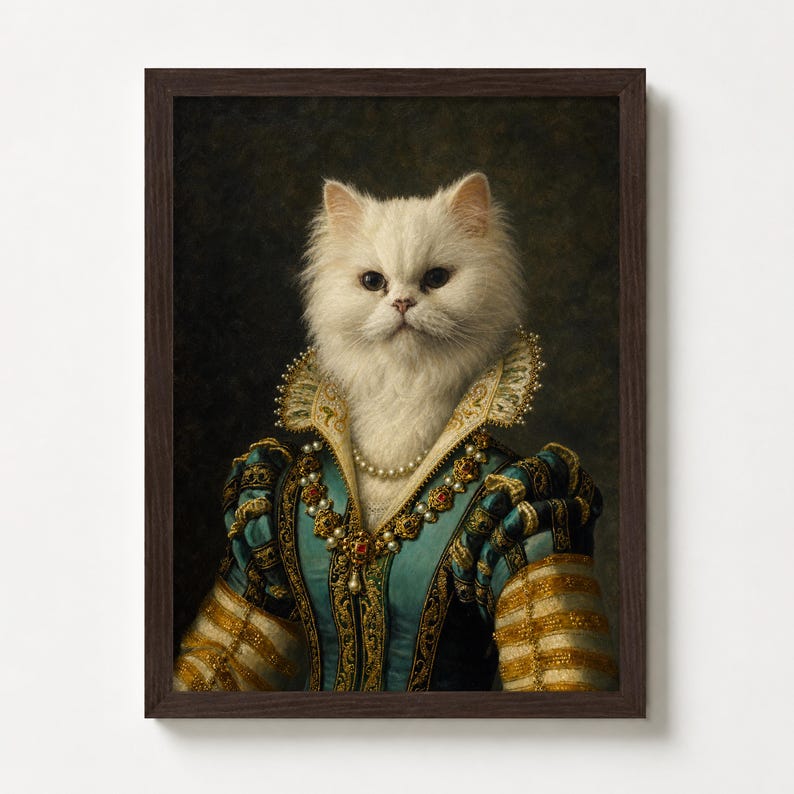 Op de afbeelding: Een ingelijst portret van een witte kat in Renaissance-kleding. De kat draagt een teal en gouden jurk, een parelketting en een gefranjerde kraag. De donkerbruine lijst omringt de afbeelding.