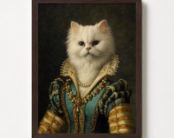 Renaissance Cat Portrait, Custom Royal Tudor Pet Painting from Photo