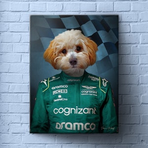 Asdog Martin, Formula 1 Fan Gift Art, Funny Pet Lover Gift,  F1 Driver Team Pet Portrait, Custom Dog Portrait, Formula Racing Car,