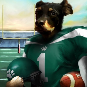 Puede incluir: Un perro negro y marr&oacute;n con un jersey de f&uacute;tbol verde y blanco con el n&uacute;mero 1 en la parte delantera. El perro sostiene un bal&oacute;n de f&uacute;tbol marr&oacute;n y un casco verde con una huella de pata en el lateral. El perro est&aacute; de pie en un campo verde con una porter&iacute;a de f&uacute;tbol en el fondo. El texto "Van Woof" est&aacute; escrito en blanco en la esquina inferior derecha de la imagen.