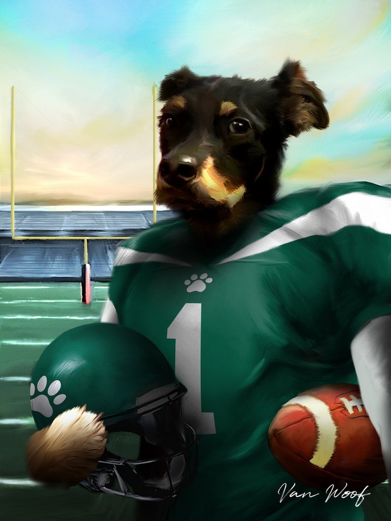 Puede incluir: Un perro negro y marr&oacute;n con un jersey de f&uacute;tbol verde y blanco con el n&uacute;mero 1 en la parte delantera. El perro sostiene un bal&oacute;n de f&uacute;tbol marr&oacute;n y un casco verde con una huella de pata en el lateral. El perro est&aacute; de pie en un campo verde con una porter&iacute;a de f&uacute;tbol en el fondo. El texto "Van Woof" est&aacute; escrito en blanco en la esquina inferior derecha de la imagen.
