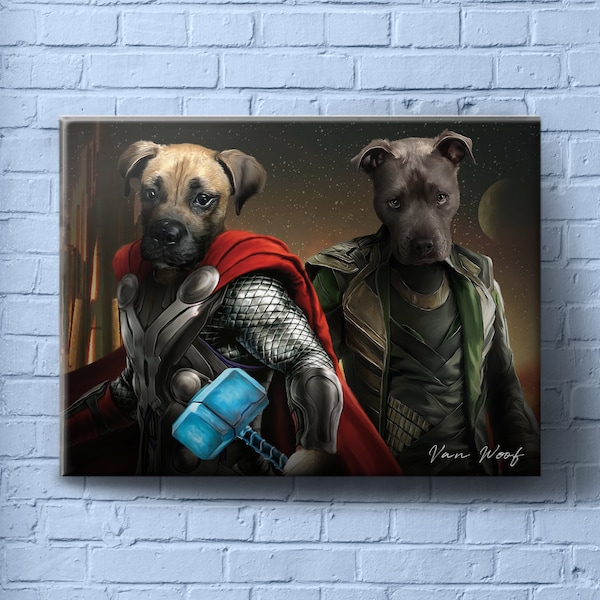 Hermanos de sangre, retrato de perro personalizado, Thor, Loki, retrato de 2 mascotas, retrato de dos mascotas, regalo divertido para amantes de las mascotas, Marvel, Asgard