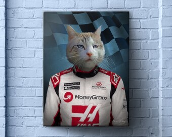 May include: A white cat wearing a red and white racing suit with a checkered flag in the background. The suit has the words "MoneyGram Haas F1 Team" and "MoneyGram" on it.
