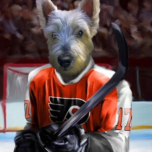 May include: Digital art of a Scottish Terrier wearing a Philadelphia Flyers hockey jersey, holding a hockey stick. The jersey is orange, white, and black, with the number 17. The dog is on an ice rink.