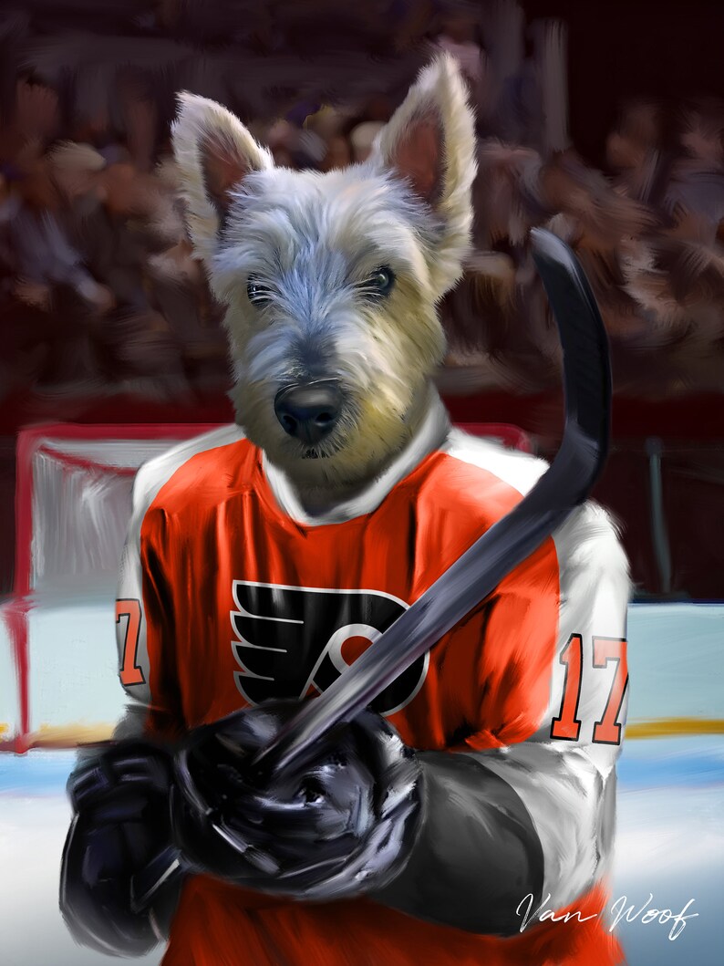 May include: Digital art of a Scottish Terrier wearing a Philadelphia Flyers hockey jersey, holding a hockey stick. The jersey is orange, white, and black, with the number 17. The dog is on an ice rink.