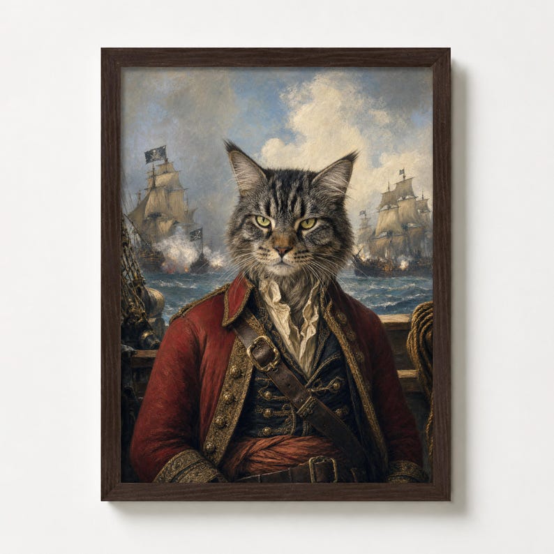 May include: A framed print featuring a cat in a pirate costume, set against a backdrop of a naval battle. The cat, with gray and brown fur, wears a red coat, a white shirt, and a sword. The artwork is in a dark wooden frame.
