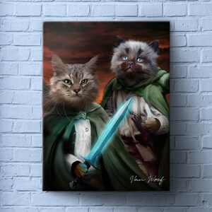 May include: Two cats dressed as fantasy characters, one with a blue glowing sword. The cat on the left is wearing a green cloak and white shirt. The cat on the right is wearing a green cloak and brown trousers. The background is a dark red and orange sky. The image is signed "Van Woof".