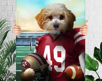 San Francisco Football Pet Portrait, American Football Fan Gift Art, Custom Dog Portrait, Funny Pet Lover Gift