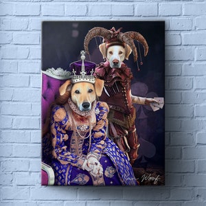 May include: Two dogs dressed in royal attire. One dog is wearing a purple and gold crown and a blue and gold dress. The other dog is wearing a red and gold jester costume with a hat and bells. The dogs are standing in front of a purple background with playing cards.