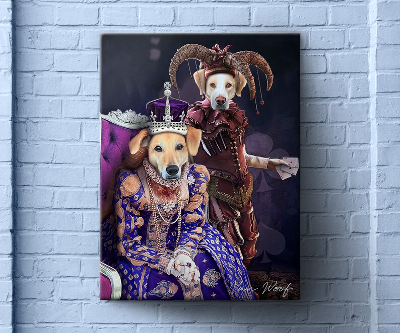 May include: Two dogs dressed in royal attire. One dog is wearing a purple and gold crown and a blue and gold dress. The other dog is wearing a red and gold jester costume with a hat and bells. The dogs are standing in front of a purple background with playing cards.