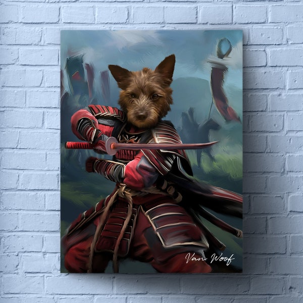 Samurai Dog Portrait Art, Portrait de chien personnalisé, Japanese Samurai, Pet Portrait Royal, Funny Pet Lover Gift, Katana Sword