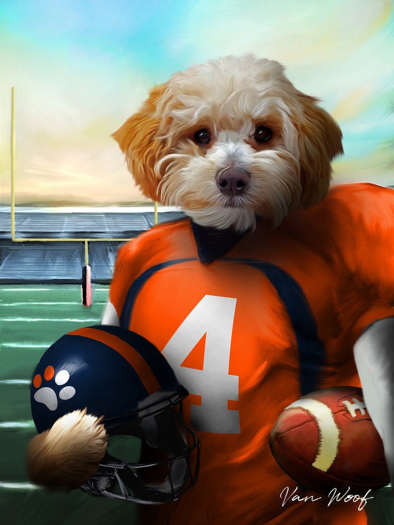 Puede incluir: Un perro blanco y marr&oacute;n que lleva una camiseta de f&uacute;tbol naranja con el n&uacute;mero 4 en la parte delantera. El perro sostiene un bal&oacute;n de f&uacute;tbol marr&oacute;n en una pata y un casco de f&uacute;tbol azul con una huella de pata en el lateral en la otra pata. El perro est&aacute; de pie en un campo verde con una porter&iacute;a de f&uacute;tbol en el fondo. El texto "Van Woof" est&aacute; escrito en blanco en la esquina inferior derecha de la imagen.