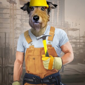 May include: A dog wearing a yellow hard hat and brown overalls holds a yellow hammer. The dog is standing in front of a construction site.