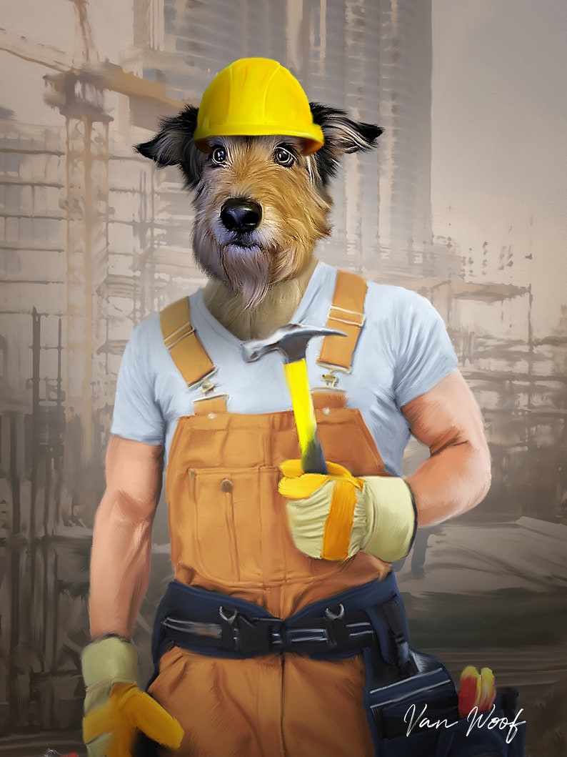 May include: A dog wearing a yellow hard hat and brown overalls holds a yellow hammer. The dog is standing in front of a construction site.