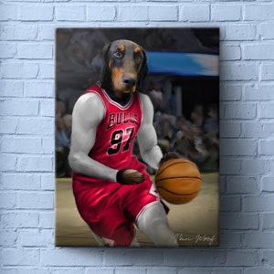 Bulls Basketball Team Pet Portrait, Basketball Fan Gift Art, Custom Dog Portrait, Funny Pet Lover Gift, NBA Team