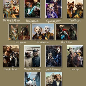 May include: A collage of images showing different pet portraits with various backgrounds. The images include pets dressed as royalty, pirates, cowboys, and characters from popular movies and TV shows. The text "CHOOSE YOUR BACKGROUND" is at the top of the collage.