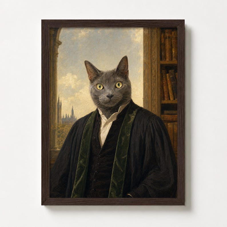 Op de afbeelding: Een ingelijst portret van een grijze kat met gele ogen, gekleed in een donkere academische toga met groene fluwelen bies. De achtergrond toont een raam met een stadsgezicht en een boekenkast vol boeken.