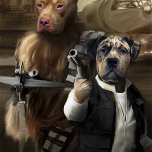 May include: Two dogs dressed as Star Wars characters. A brown dog with a furry coat is dressed as Chewbacca, holding a blaster rifle. A black and brown dog is dressed as Han Solo, holding a blaster pistol. The background is a blurry image of a spaceship.