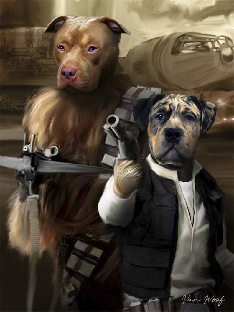May include: Two dogs dressed as Star Wars characters. A brown dog with a furry coat is dressed as Chewbacca, holding a blaster rifle. A black and brown dog is dressed as Han Solo, holding a blaster pistol. The background is a blurry image of a spaceship.