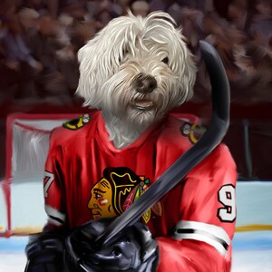 May include: A digital painting of a dog wearing a red hockey jersey with the number 9 and a team logo. The dog is holding a hockey stick and is on the ice. The jersey has black and white stripes on the sleeves.
