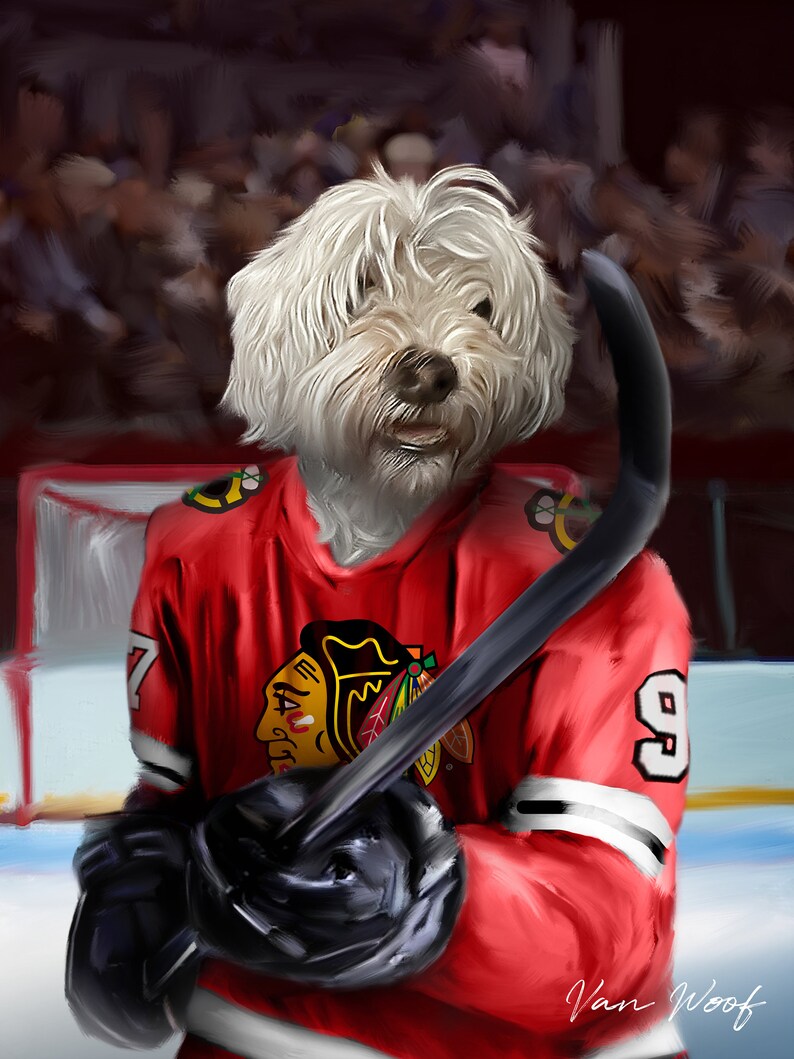 May include: A digital painting of a dog wearing a red hockey jersey with the number 9 and a team logo. The dog is holding a hockey stick and is on the ice. The jersey has black and white stripes on the sleeves.