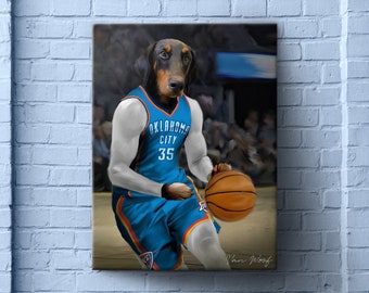 OKC Thunder Basketball Team Pet Portrait, Basketball Fan Gift Art, Custom Portrait, Funny Pet Lover Gift, NBA Team