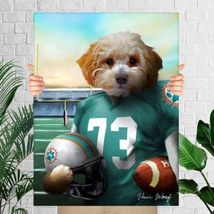Miami Football Team Pet Portrait, American Football Fan Gift Art, Custom Dog Portrait, Funny Pet Lover Gift