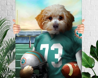 Miami Football Team Pet Portrait, American Football Fan Gift Art, Custom Dog Portrait, Funny Pet Lover Gift
