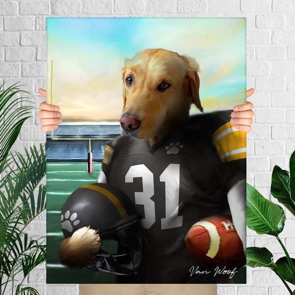 Pittsburgh Football Pet Portrait, American Football Fan Gift Art, Custom Dog Portrait, Funny Pet Lover Gift