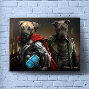 May include: A digital painting of two dogs dressed as superheroes. The dog on the left is dressed as Thor, with a red cape, a silver helmet, and a blue hammer. The dog on the right is dressed as Loki, with a green cape and a horned helmet. The background is a dark, starry sky.
