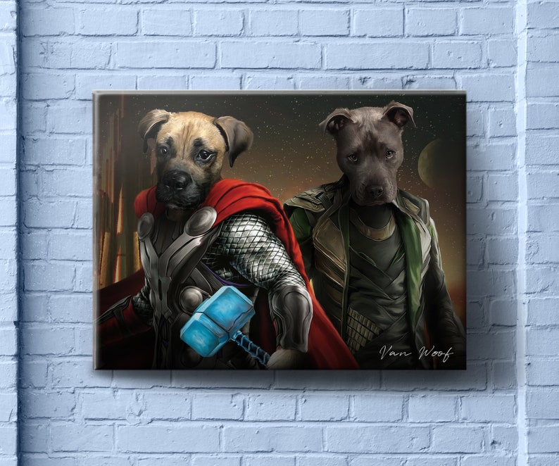 May include: A digital painting of two dogs dressed as superheroes. The dog on the left is dressed as Thor, with a red cape, a silver helmet, and a blue hammer. The dog on the right is dressed as Loki, with a green cape and a horned helmet. The background is a dark, starry sky.