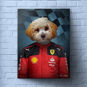 May include: A white and brown dog wearing a red and black racing suit with a chequered flag background. The suit has the logos of Shell, Santander, and Ceva.