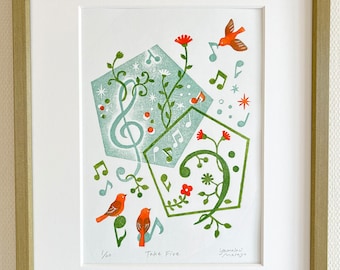 Music wall art, A4, original woodblock print, music bird flower art print, handprinted woodcut, modern art, retro art, gift for music lover