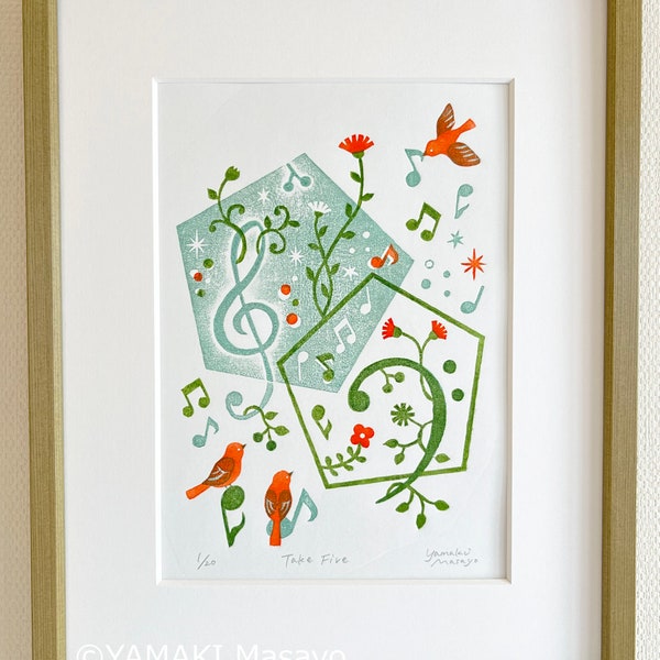 Music wall art, A4, original woodblock print, music bird flower art print, handprinted woodcut, modern art, retro art, gift for music lover