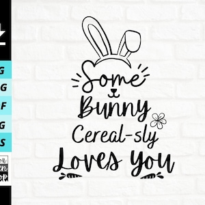 Puede incluir: Diseño gráfico en blanco y negro con un conejo y el texto "Some Bunny Cereal-sly Loves You".
