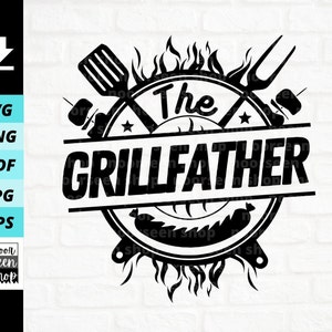 May include: Black and white graphic design with the text "The Grillfather" in a circular emblem. The design includes a spatula, fork, skewers, and flames, with a sausage at the bottom. The image is set against a white brick wall.