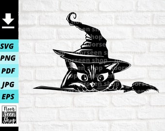 Cat Witch svg, Halloween Black Cat Witch and Broom Funny Graphic Cat Hat svg, Digital file download, Cut File For Cricut