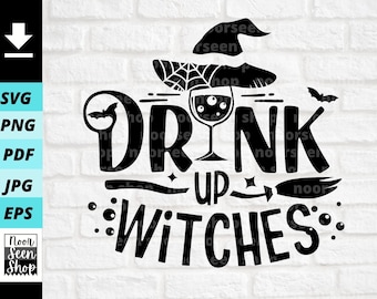 May include: Black and white graphic design with the text "Drink Up Witches" and a witch's hat, a broom, and a glass of wine with eyeballs.