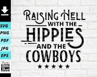 May include: Black and white text graphic design with the text "Raising Hell with the Hippies and the Cowboys" with five black stars below the text.