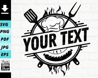 May include: Black and white graphic of a barbecue-themed design. The design includes a chef's hat, spatula, fork, sausage, and flames. The words "YOUR TEXT" are prominently displayed across the center of the design.
