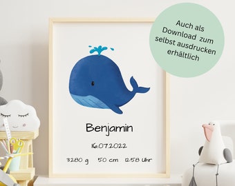 Birth poster customizable with birth dates, birth poster whale, birth dates poster whale, print or download, birth gift