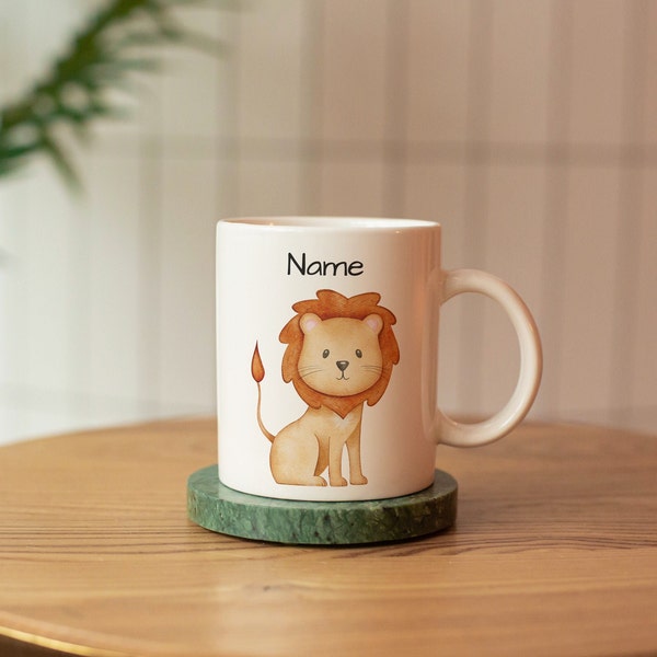 Personalisierte Löwen-Tasse für Kinder mit Name, Persönliches Geschenk für Kinder, Keramiktasse Löwe