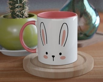Taza con estampado de conejo de color Taza de cerámica blanca Taza de café Taza de café Taza Idea de regalo hecha a mano