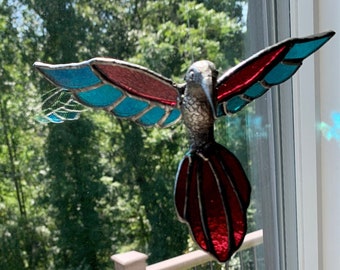 3-D Hummingbird Stained Glass Suncatcher - Flying Stained Glass Hummingbird - Hummingbird Art - Stained Glass Window Art - Handmade