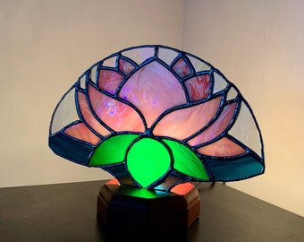 Lotus Flower Stained Glass Accent Lamp - Lotus Flower Art - Yoga Light - Stained Glass Nightlight - Tabletop Lamp - Handmade Art and Decor