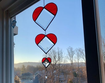 Trio of Hearts Stained Glass Suncatcher - Beveled Glass Hearts Window Art - Lead-Free - Stained Glass Art - Handmade