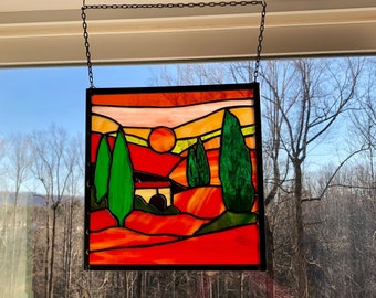 Tuscan Sunscape - Italian Countryside Stained Glass Panel - Tuscan Hills Suncatcher - Tuscany Window Art - Italy Stained Glass - Handmade